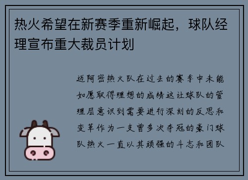 热火希望在新赛季重新崛起，球队经理宣布重大裁员计划