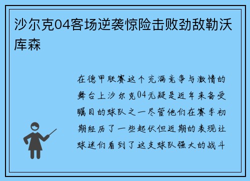 沙尔克04客场逆袭惊险击败劲敌勒沃库森