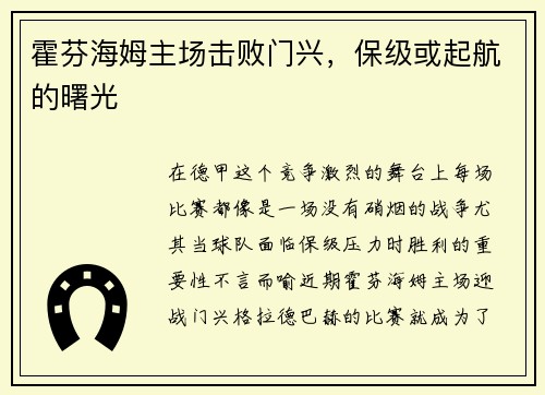霍芬海姆主场击败门兴，保级或起航的曙光