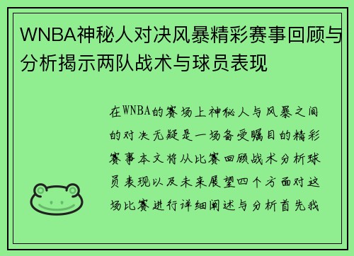 WNBA神秘人对决风暴精彩赛事回顾与分析揭示两队战术与球员表现